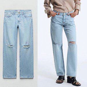 Zara Ripped Z1975 Straight Leg Jeans Light‎ Blue